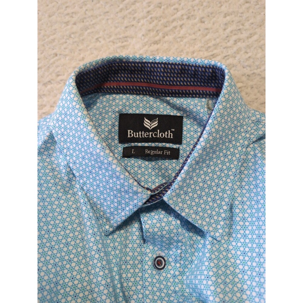 2pk Lot Buttercloth Mens L Regular Fit Dress Shirt Blue Geometric Cotton Button - Picture 3 of 9